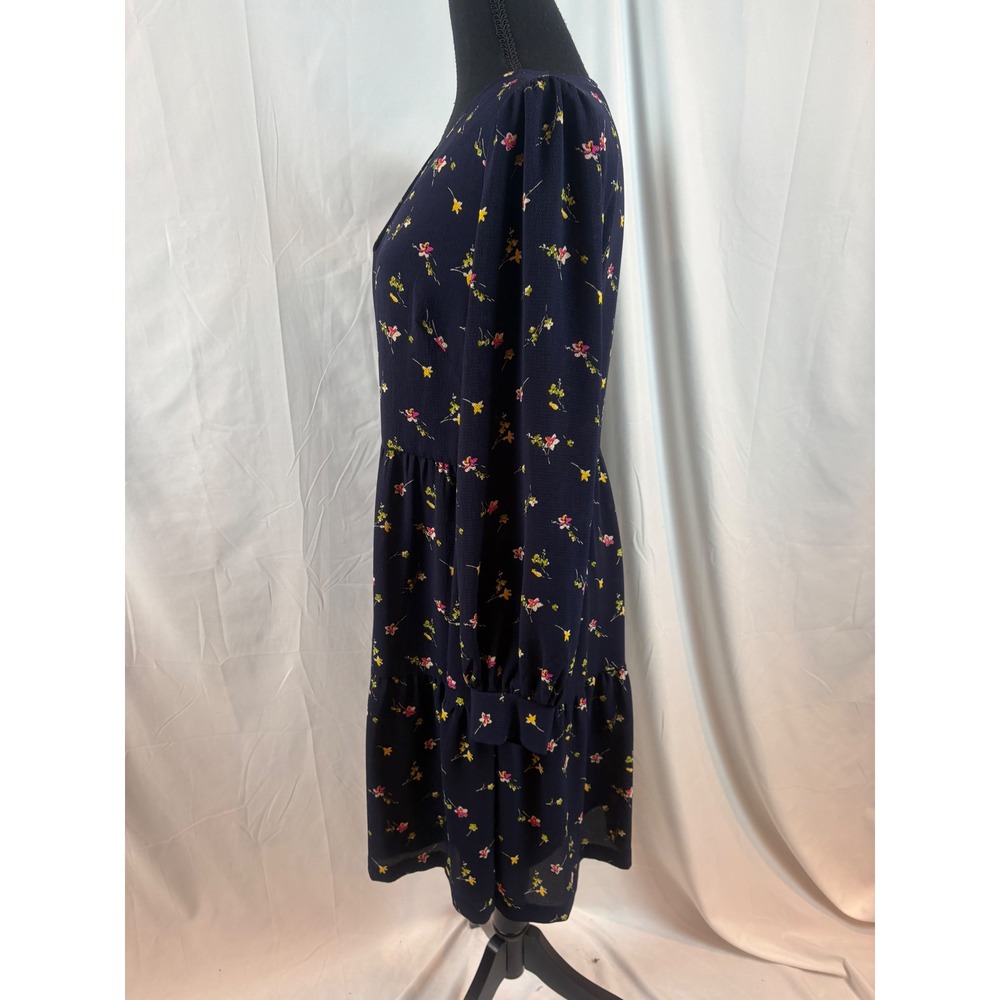 Navy Blue‎ Floral Tiered Mini Dress Long Sleeve V Neck - Picture 8 of 11